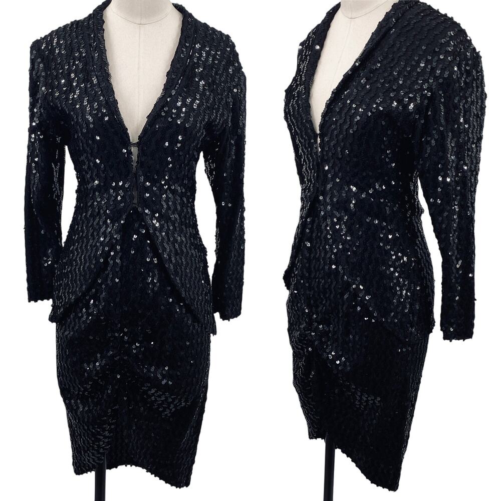 Vintage 70s Fredericks of Hollywood Sequin Skirt Suit Jacket Matching Set Black